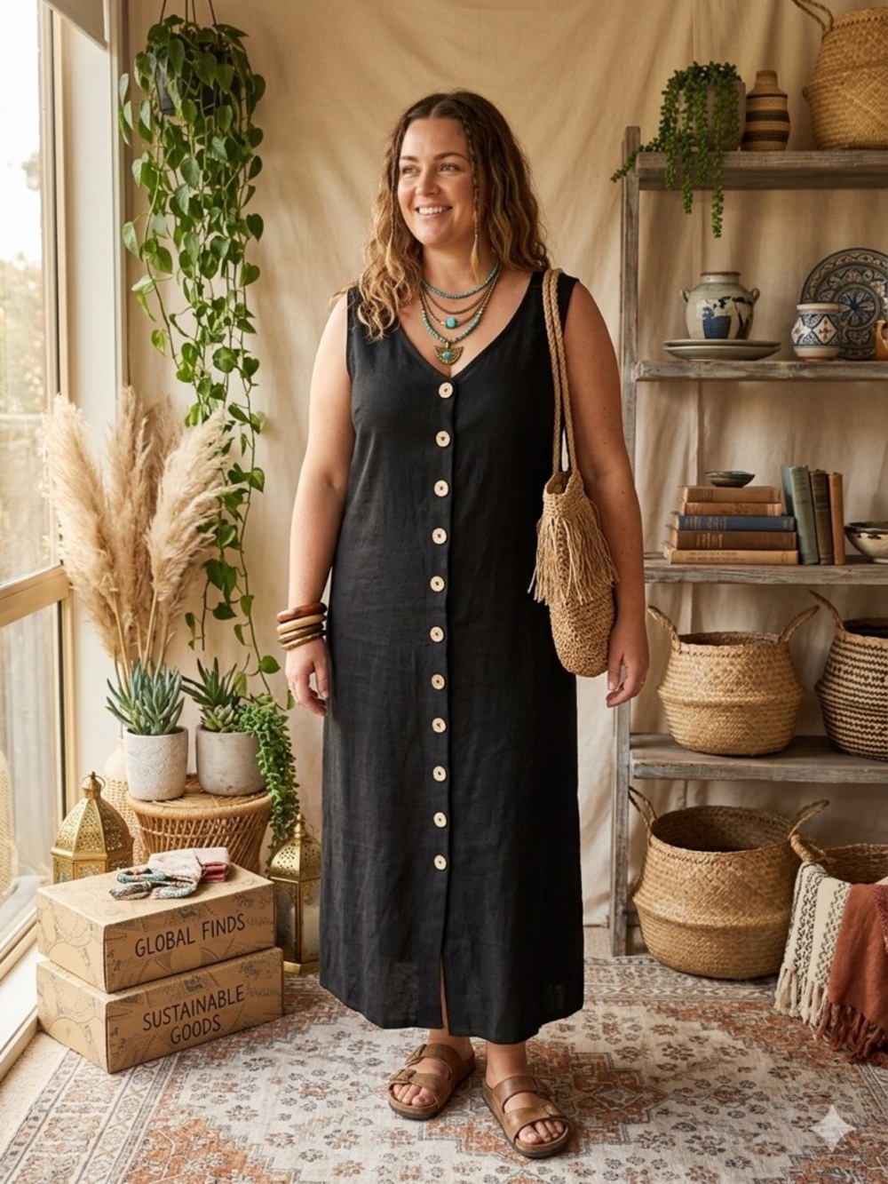 Philosophy Anthropologie Black Button-Front Linen Maxi Dress NWT $88 MSRP Sz-14